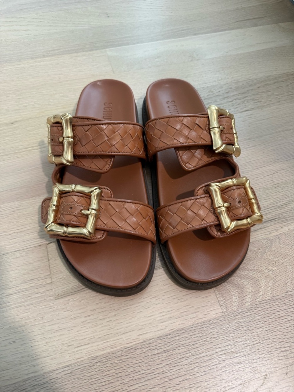 Schutz Woven Leather Double-Buckle Slide Sandals in Cognac Brown size 8